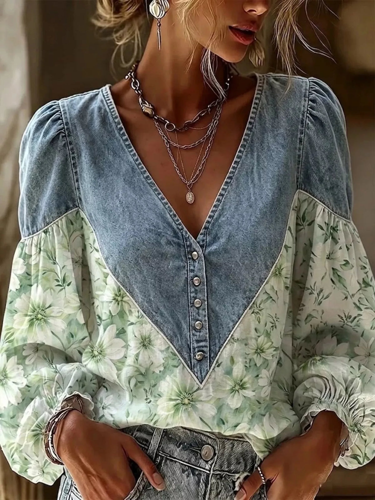 Full Size Denim Patchwork Floral Denim Top Plus Size - Green