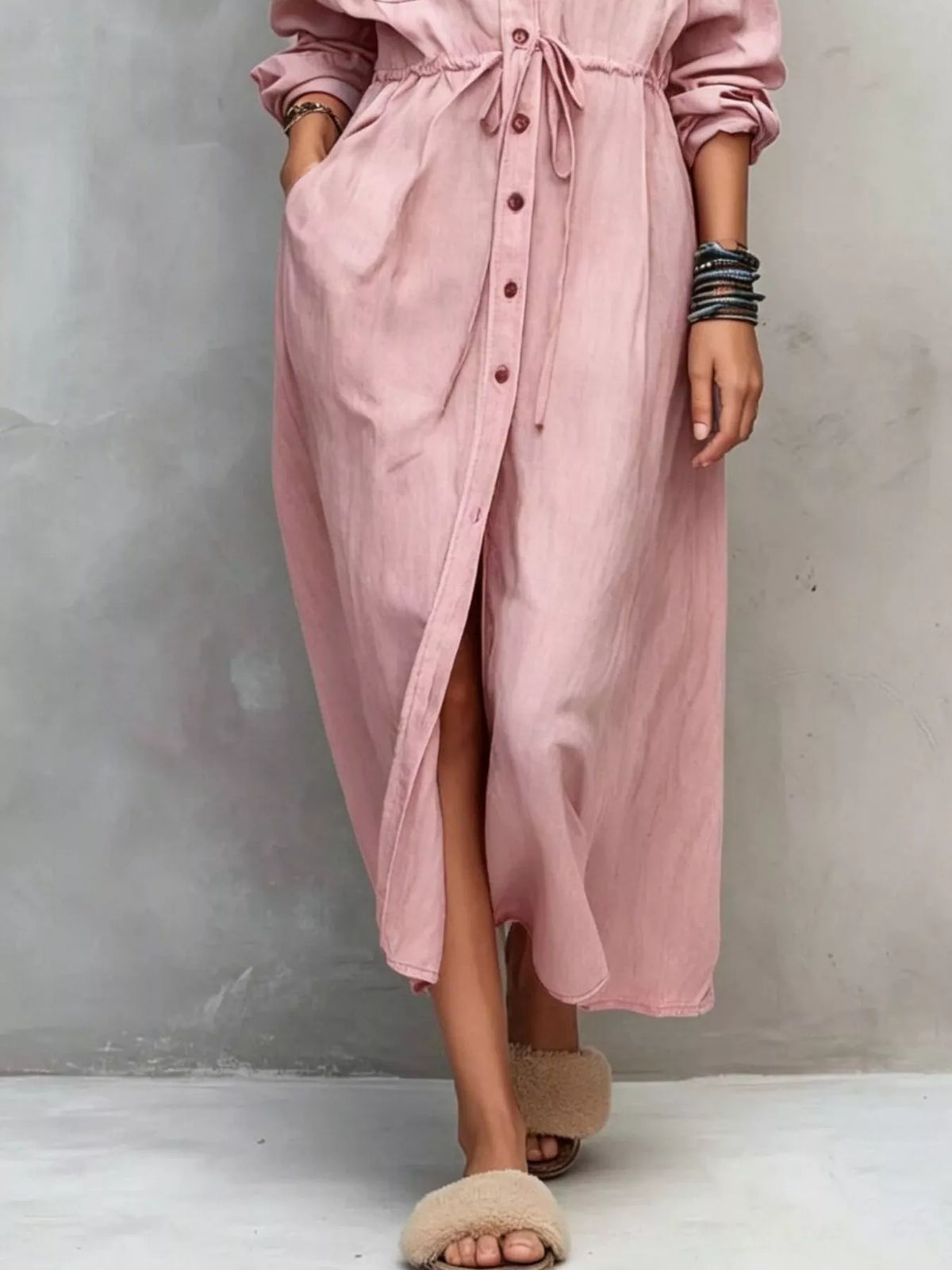 Full Size Button Front Long Sleeve Shirt Dress Plus Size