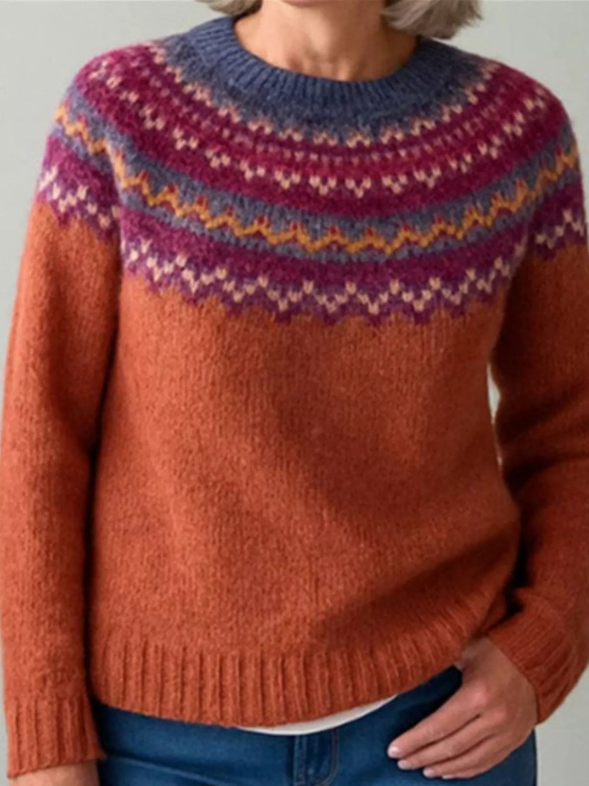 Full Size Vintage Patterned Round Neck Sweater Plus Size - Rust