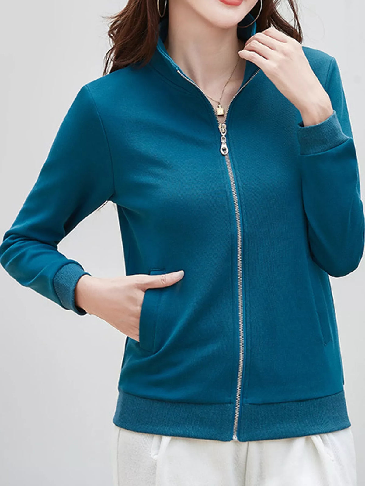 Full Size Stand-Collar Zip-Up Sweatshirt Plus Size - Blue