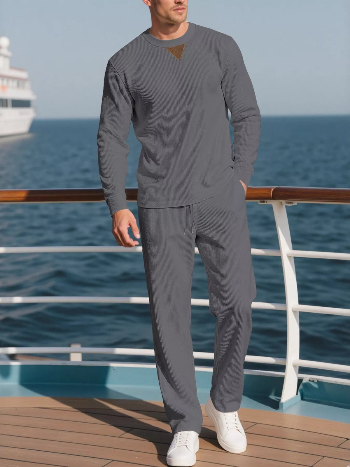 Men's Full Size Casual Crewneck Long Sleeve Sweatshirt and Jogger Set Plus Size - Grey