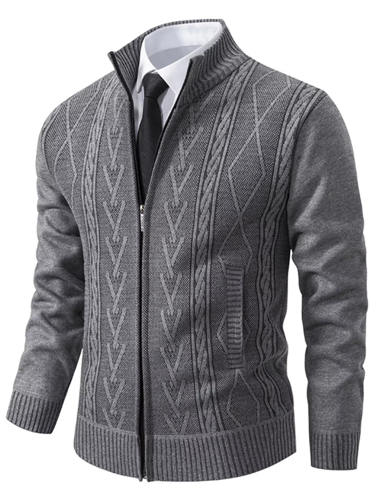 Men's Plus Size Stand-Collar Full-Zip Cable Knit Cardigan - Light Gray