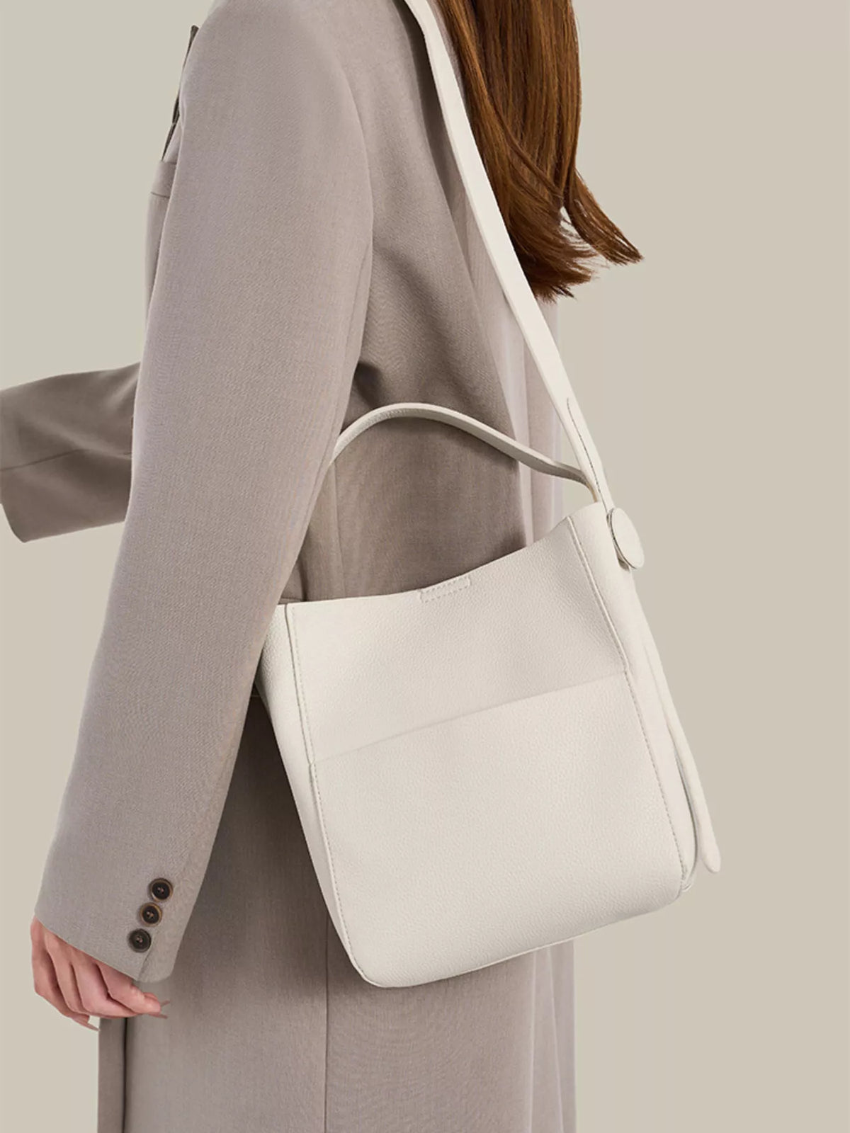 Minimalist Textured Leather Bucket Crossbody Bag - White