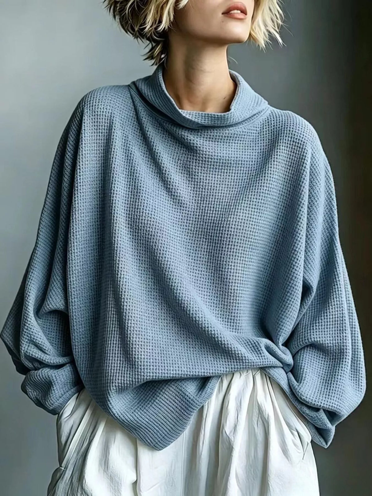 Full Size Oversized Waffle Knit Mock Neck T-Shirt Plus Size - Blue