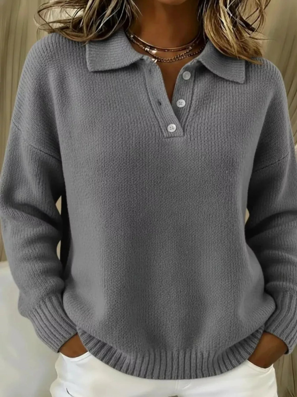 Full Size Button Detail Dropped Shoulder Sweater Plus Size - Grey