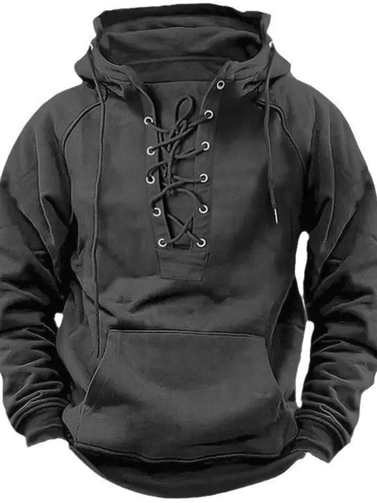 Men's Full Size Lace Up Front Raglan Sleeve Hoodie Plus Size - Gray