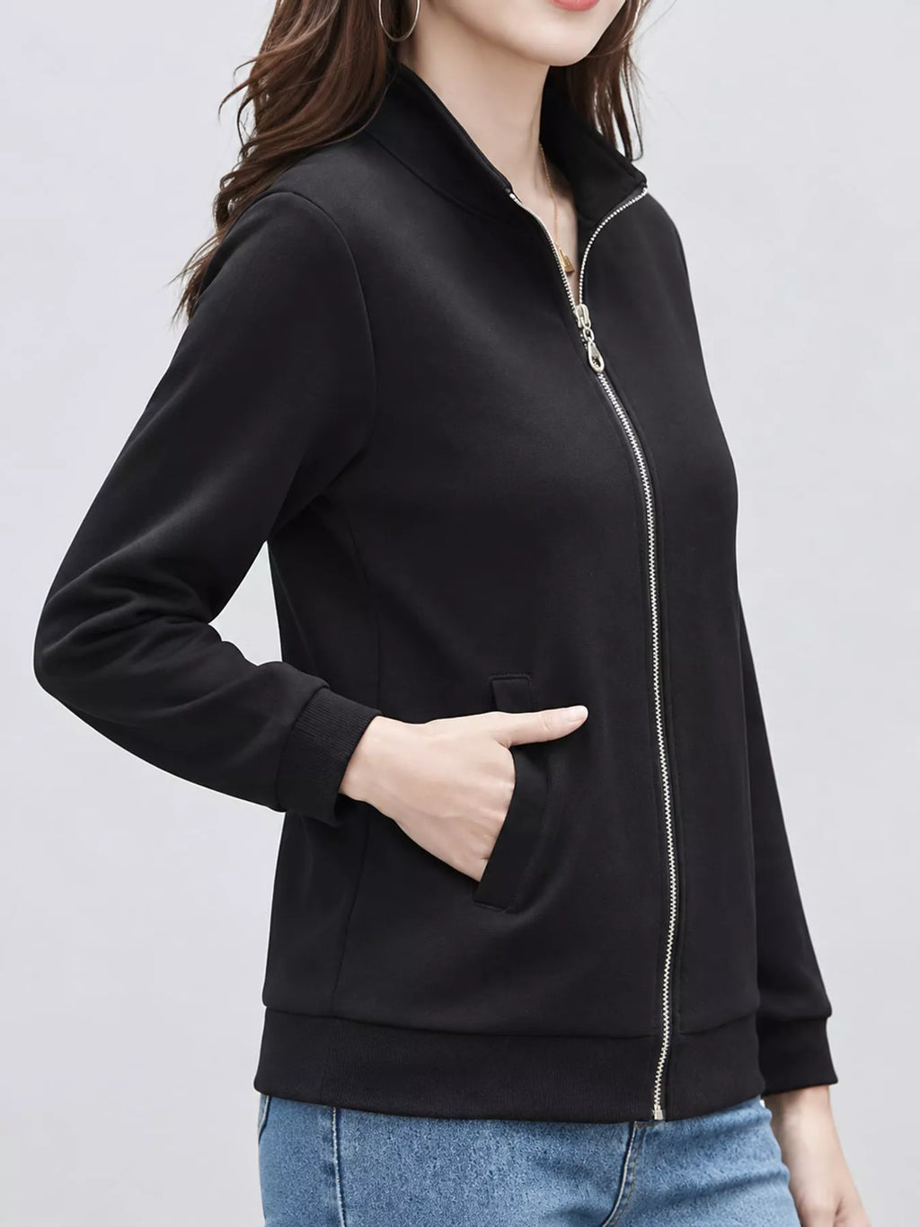 Full Size Stand-Collar Zip-Up Sweatshirt Plus Size