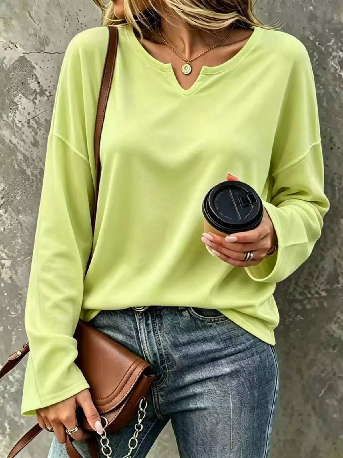 Full Size Solid Color Long Sleeve Loose T-Shirt Plus Size - Lime