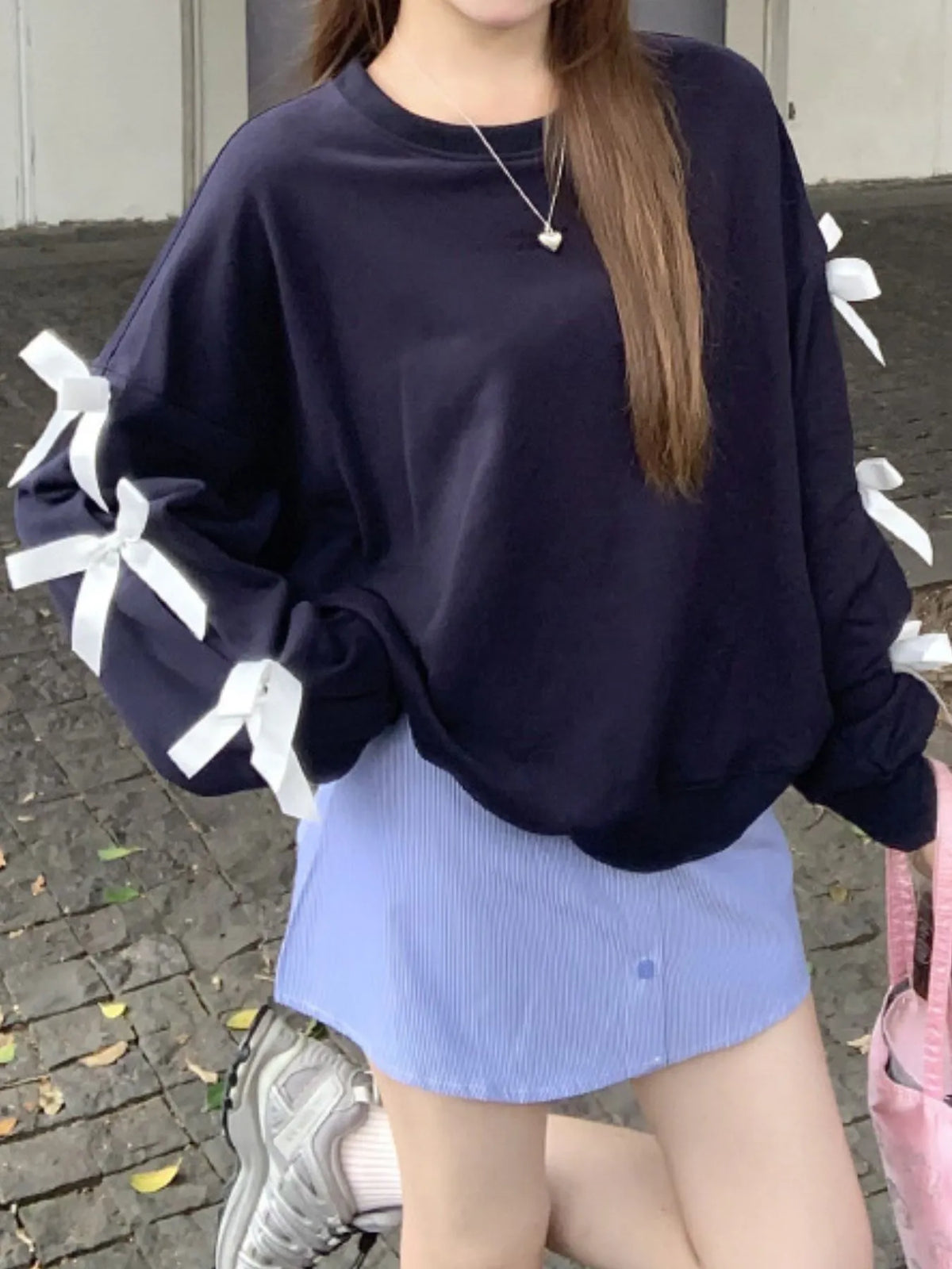 Bow-Detailed Sleeve Round Neck Sweatshirt