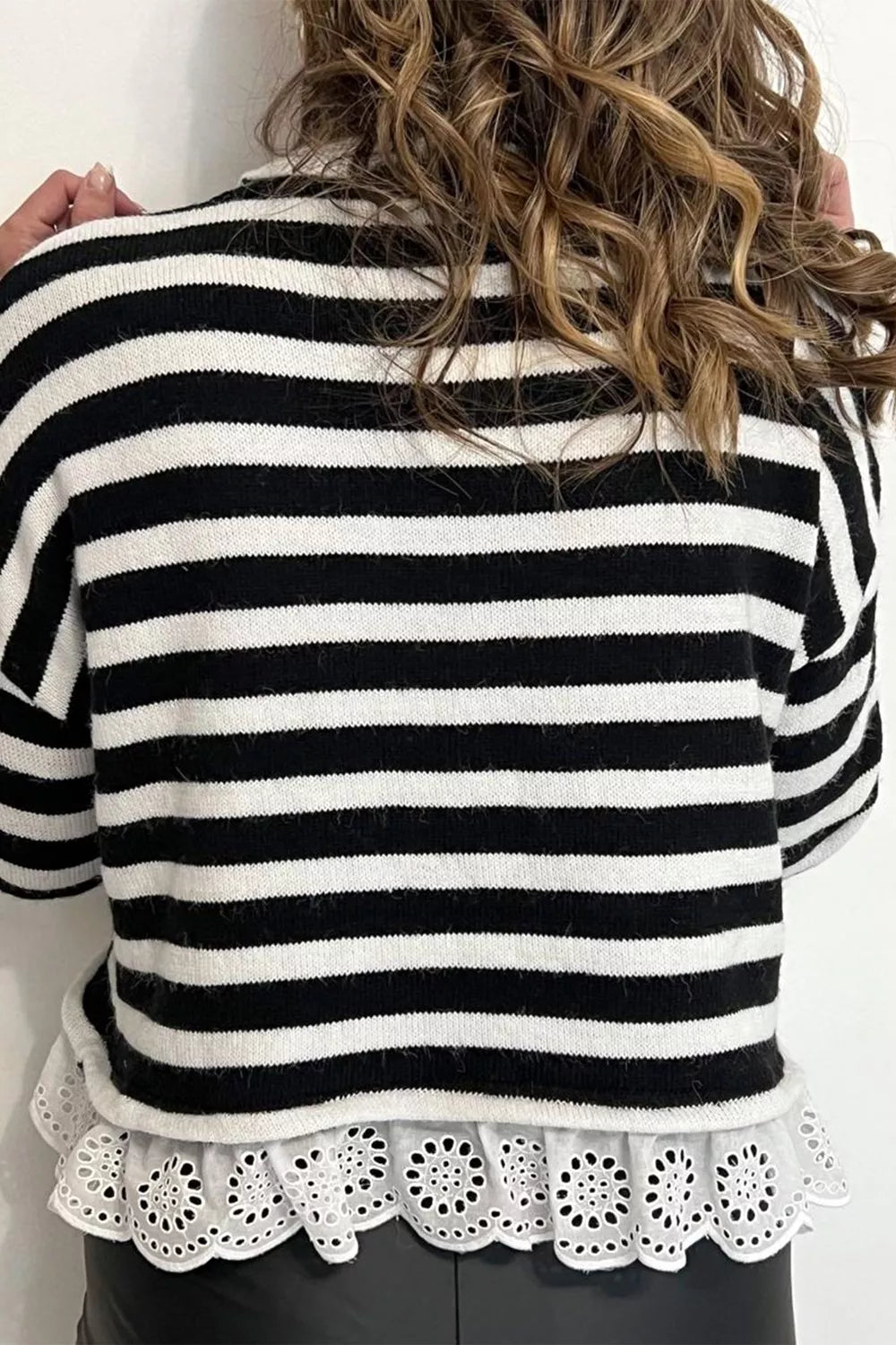 Striped High Neck Contrast Ruffle Detail Casual Sweater