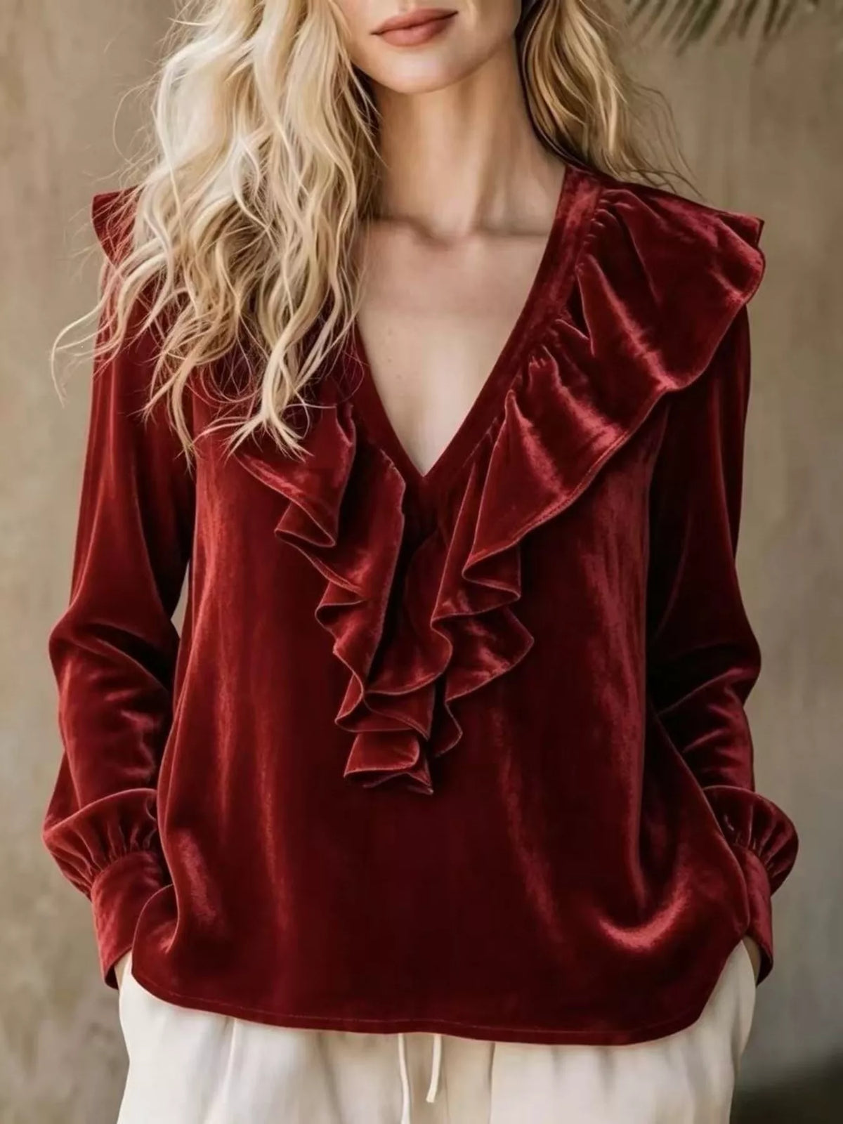 Full Size Velvet Ruffle V-Neck Blouse Plus Size - Burgundy
