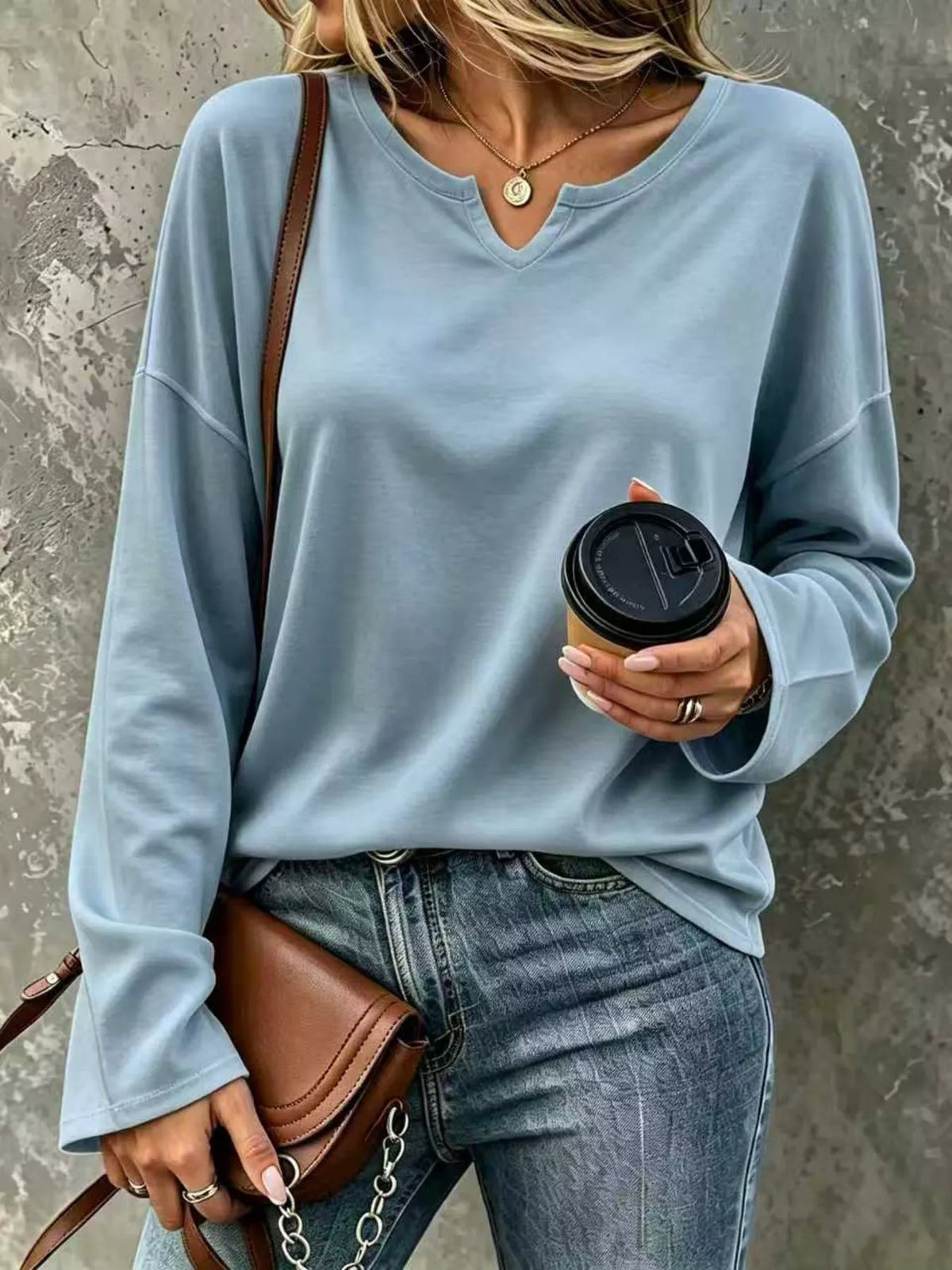 Full Size Solid Color Long Sleeve Loose T-Shirt Plus Size - Light Blue