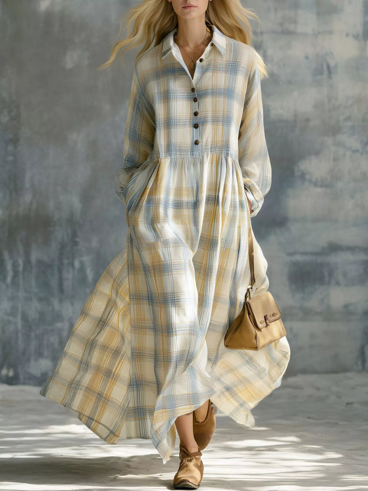 Plaid Button-Down Maxi Shirt Dress - Yellow