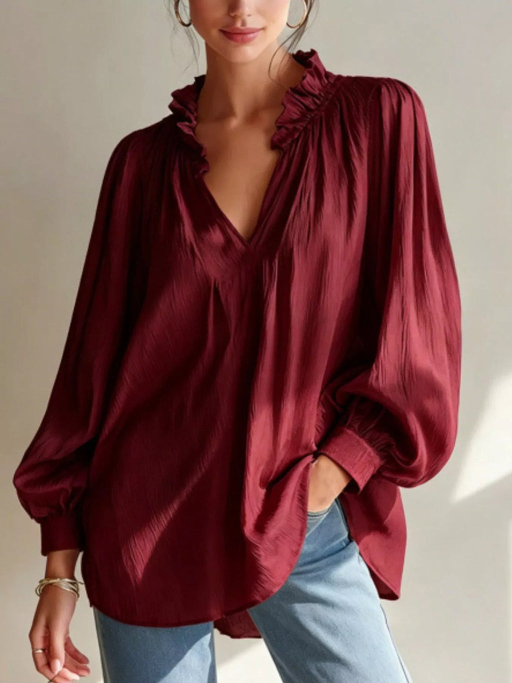 Frill Notched Long Sleeve Blouse - Burgundy