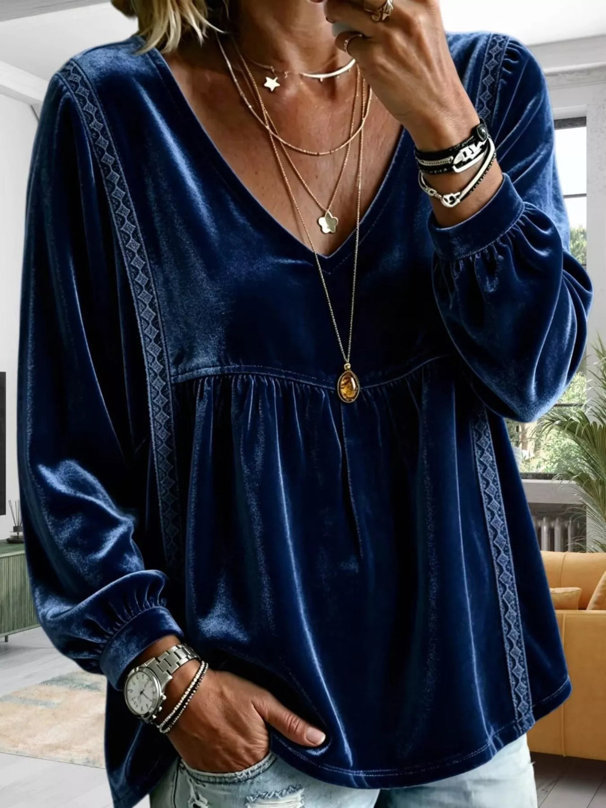 Full Size Velvet Lace Detail V-Neck Blouse Plus Size - Navy