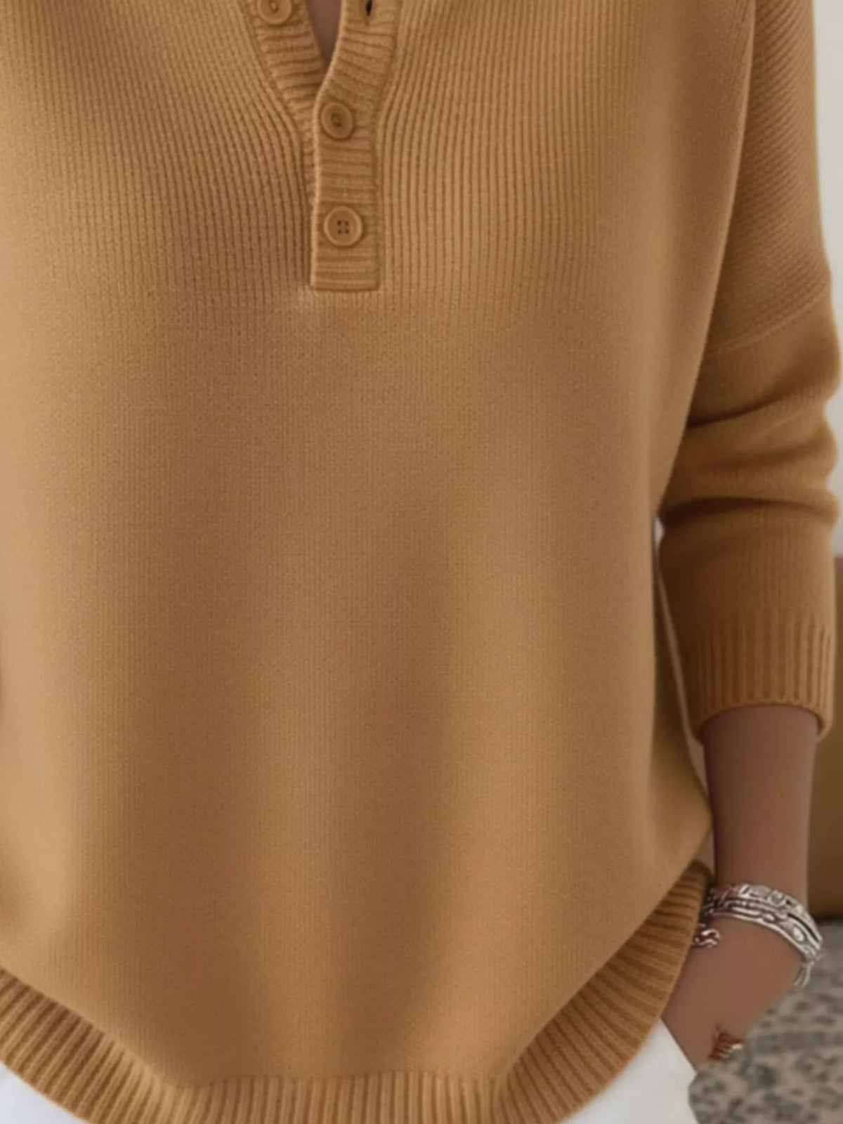 Full Size Button Detail Ribbed Knit Sweater Plus Size
