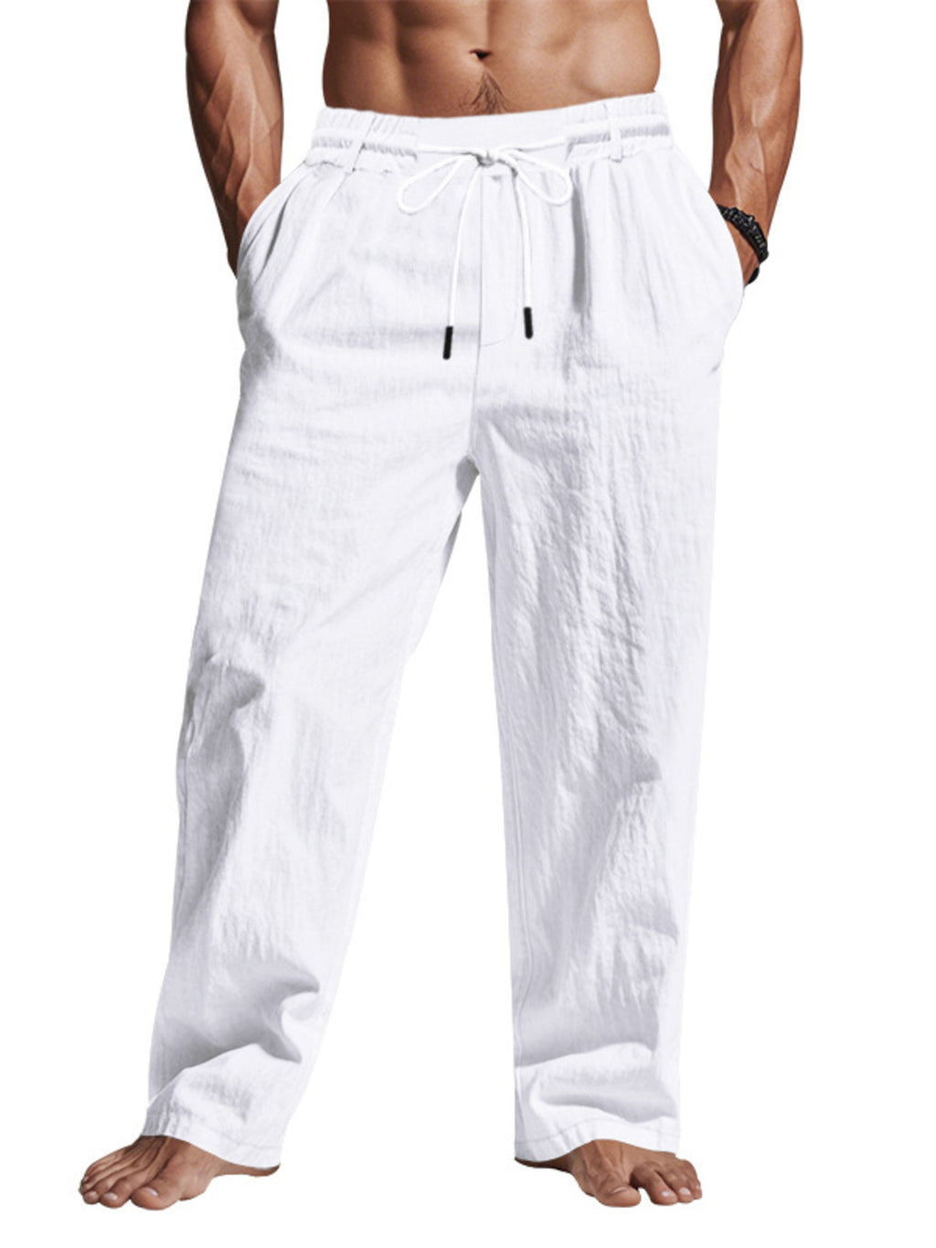 Men's Full Size Drawstring Elastic Waist Loose Fit Pants Plus Size - White