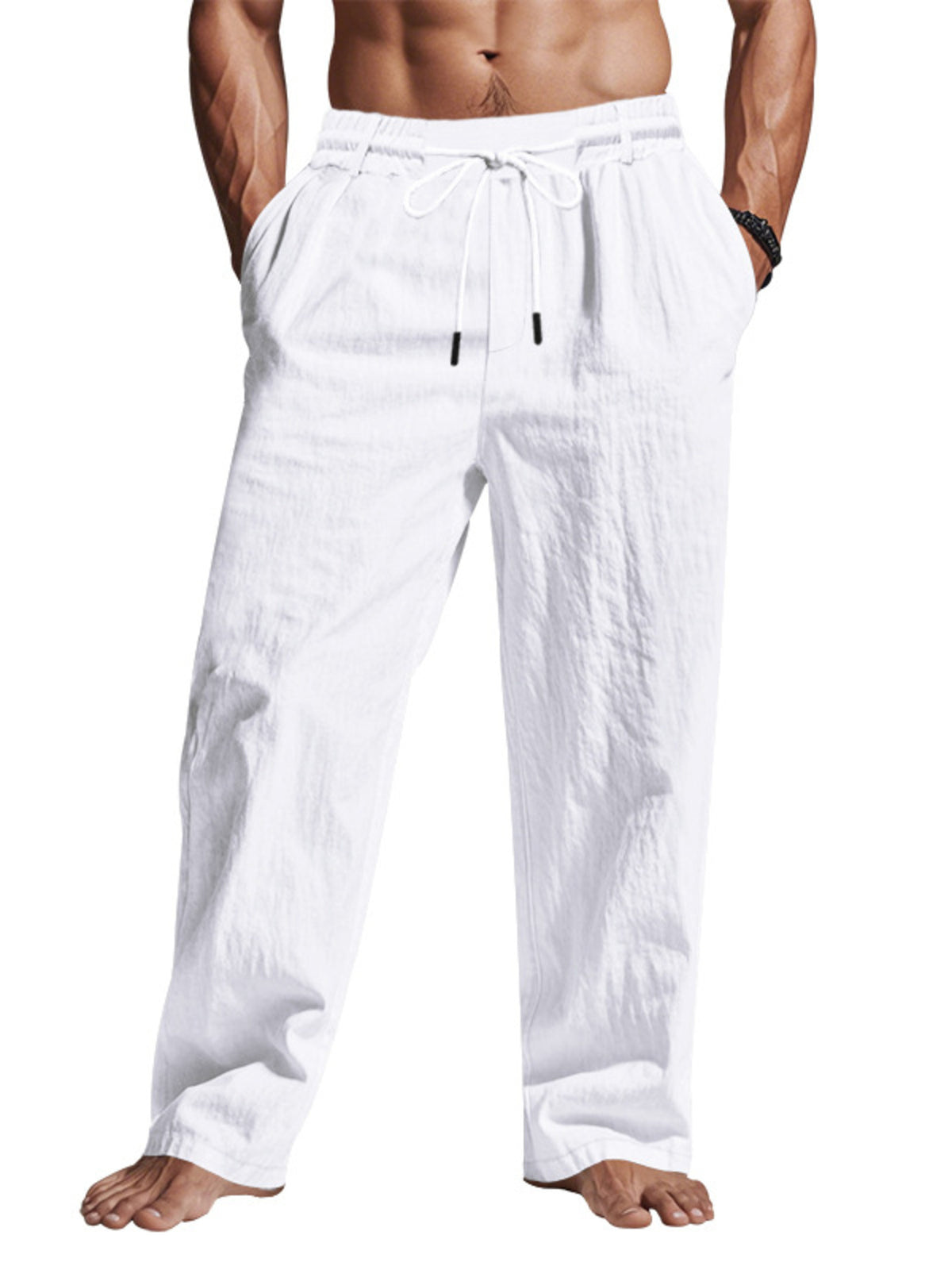 Men's Full Size Drawstring Elastic Waist Loose Fit Pants Plus Size - White