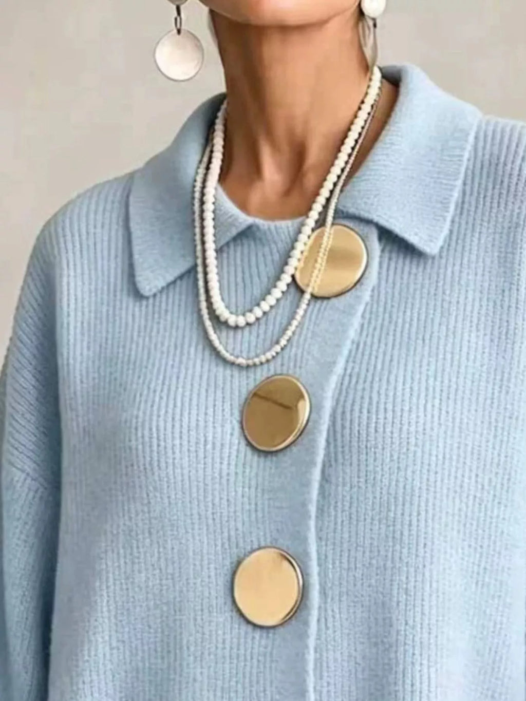 Full Size Gold Buttons Lantern Sleeve Cardigan Plus Size