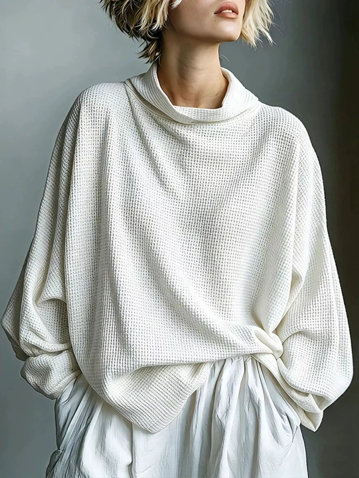 Full Size Oversized Waffle Knit Mock Neck T-Shirt Plus Size - White