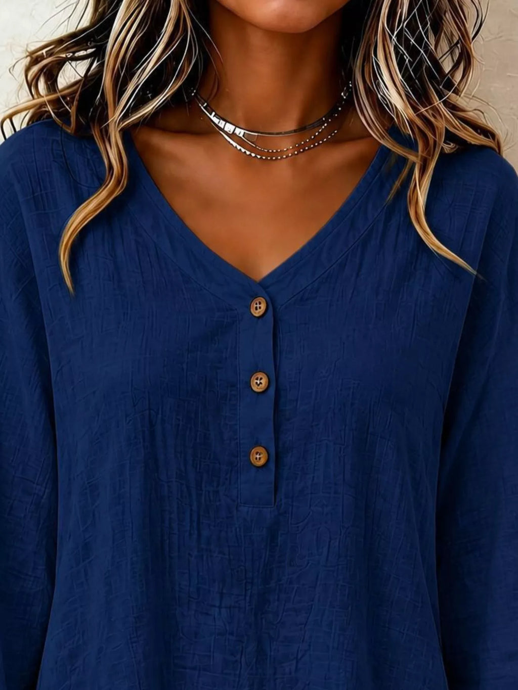 V-Neck Long Sleeve Button Detail Ruffled Hem Blouse