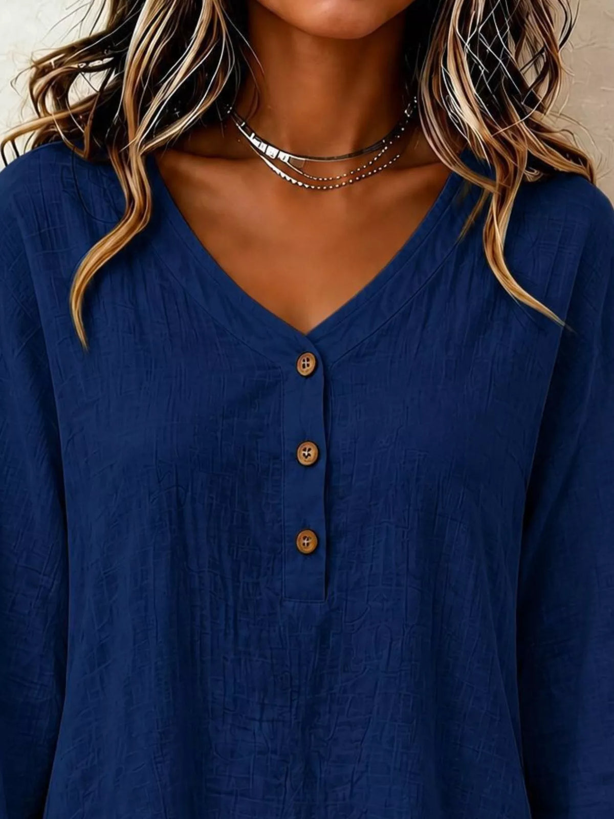 V-Neck Long Sleeve Button Detail Ruffled Hem Blouse