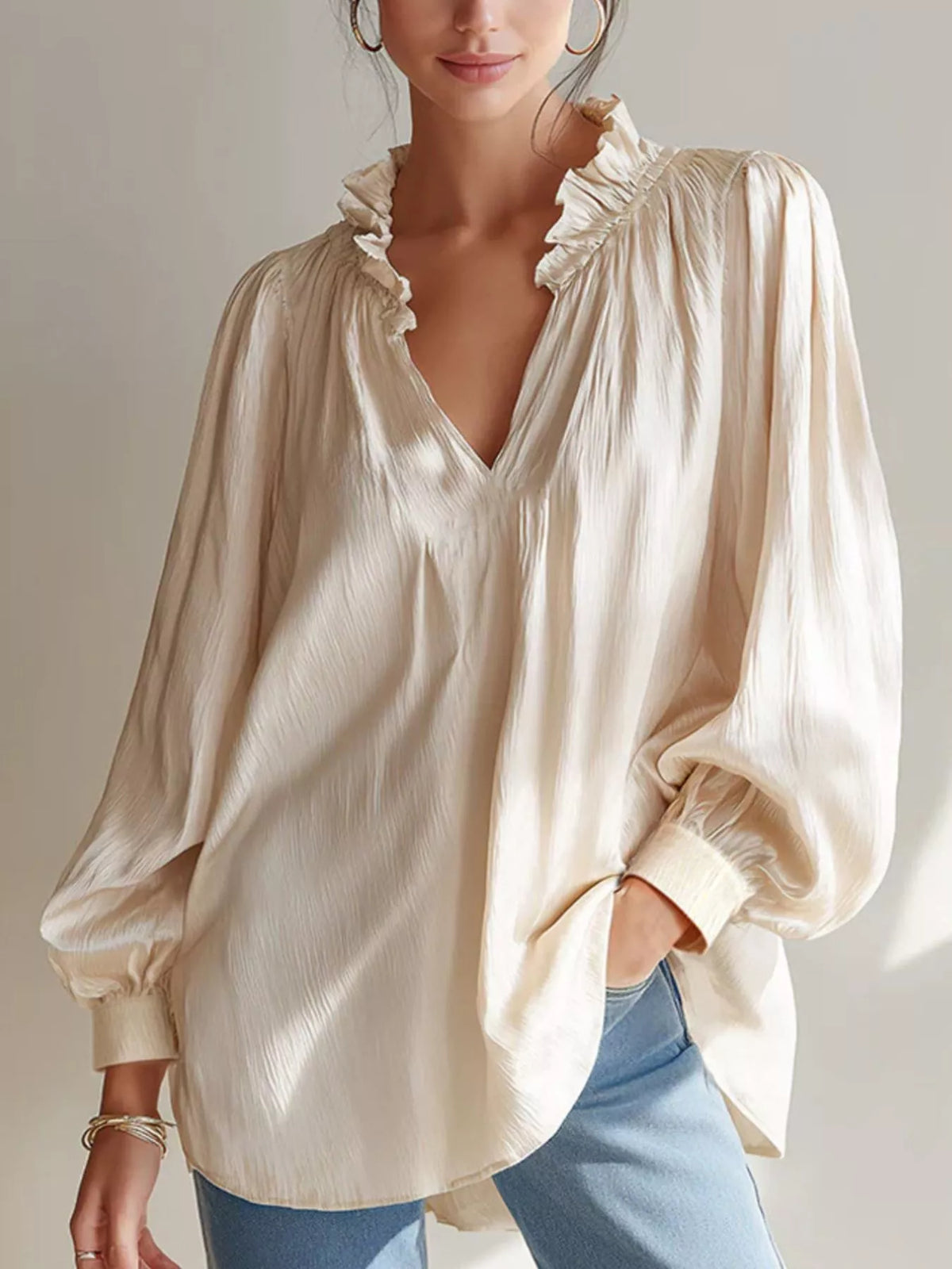Frill Notched Long Sleeve Blouse - Beige