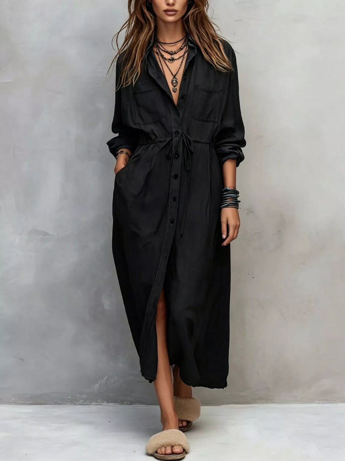 Full Size Button Front Long Sleeve Shirt Dress Plus Size - Black