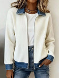 Contrast Denim Collar Ribbed Knit Jacket - White