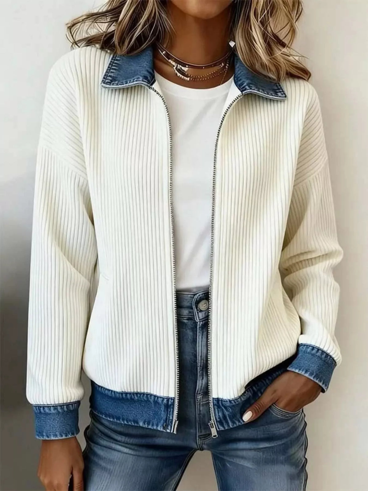 Contrast Denim Collar Ribbed Knit Jacket - White