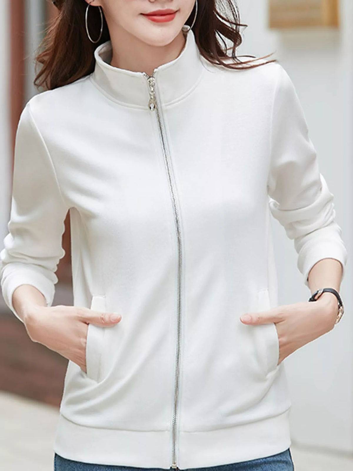 Full Size Stand-Collar Zip-Up Sweatshirt Plus Size - White