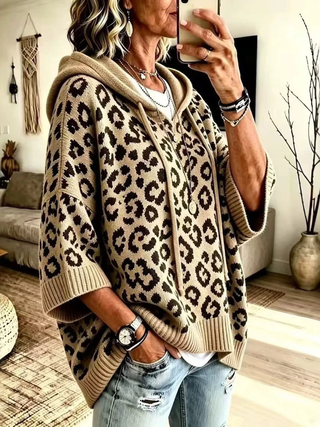 Drawstring Leopard Hooded Sweater - Khaki