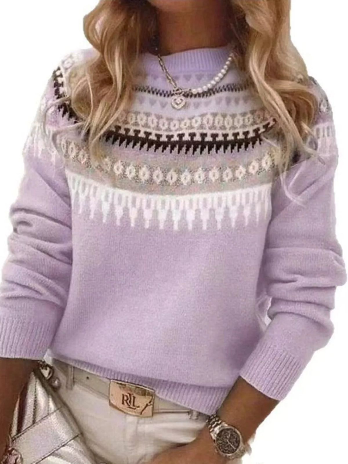 Full Size Vintage Patterned Round Neck Sweater Plus Size - Purple