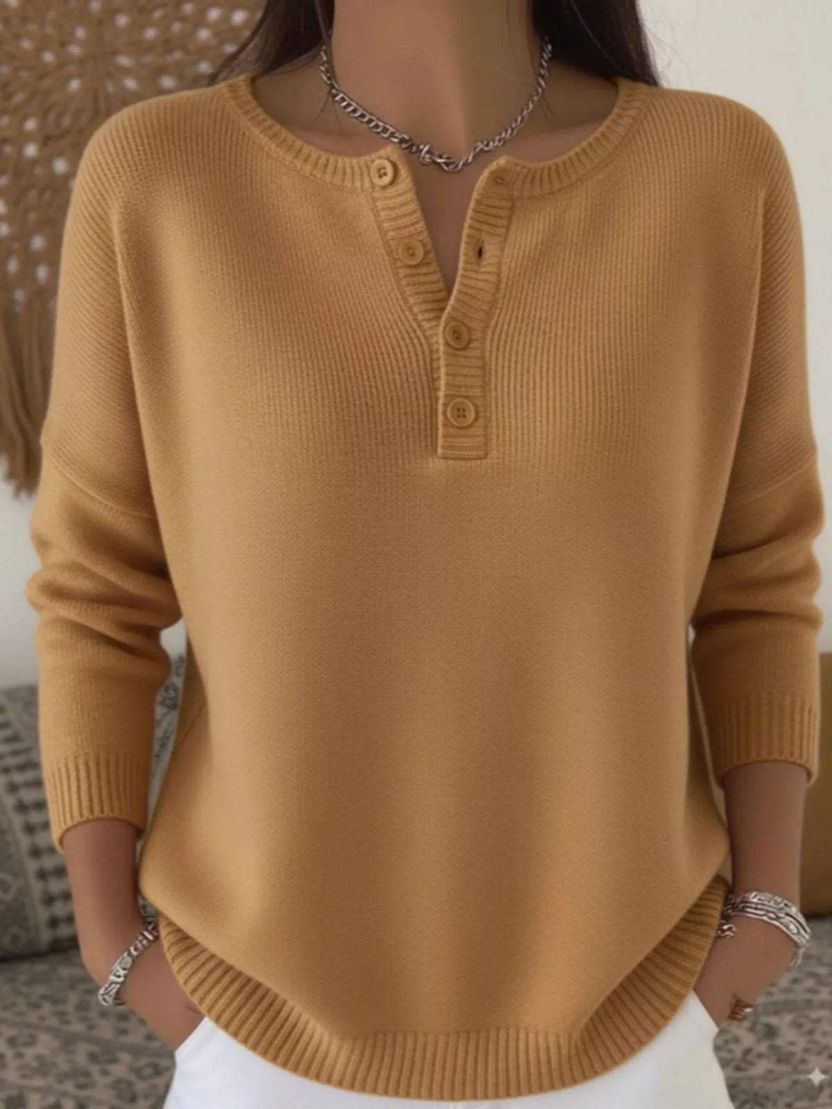 Full Size Button Detail Ribbed Knit Sweater Plus Size - Khaki