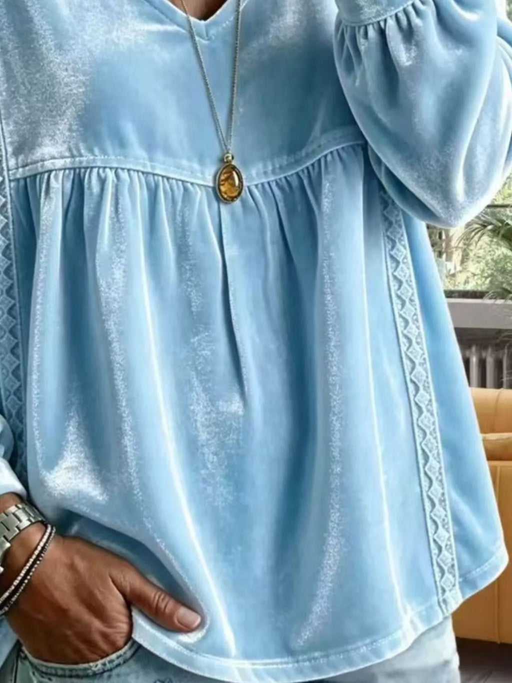 Full Size Velvet Lace Detail V-Neck Blouse Plus Size