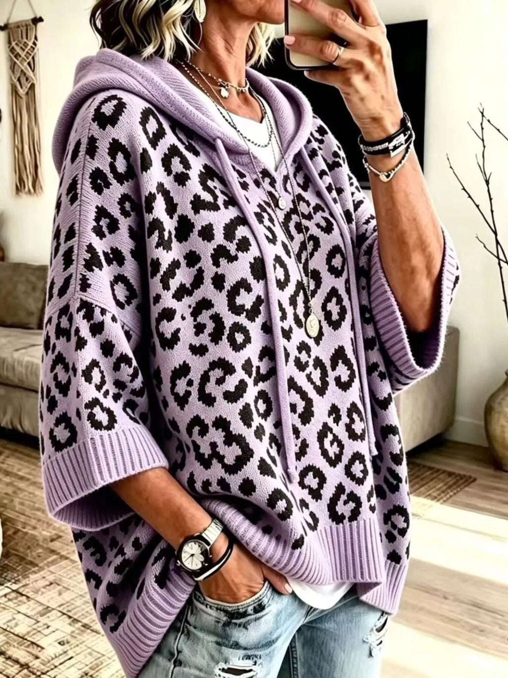 Drawstring Leopard Hooded Sweater