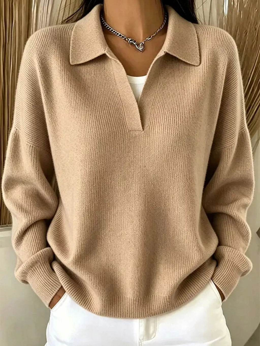 Ribbed Knit Polo Collar Sweater