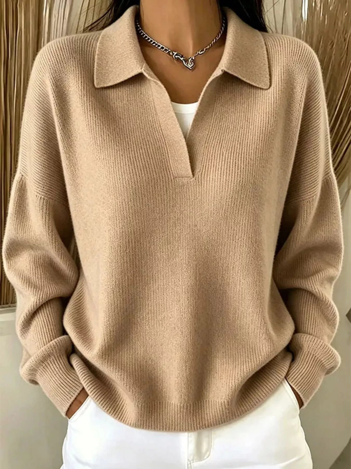 Ribbed Knit Polo Collar Sweater