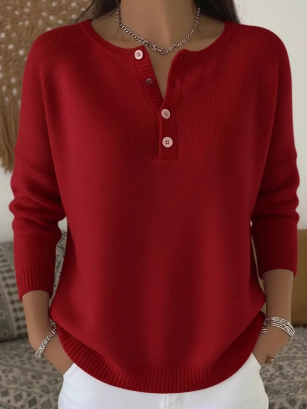 Full Size Button Detail Ribbed Knit Sweater Plus Size - Wine Red