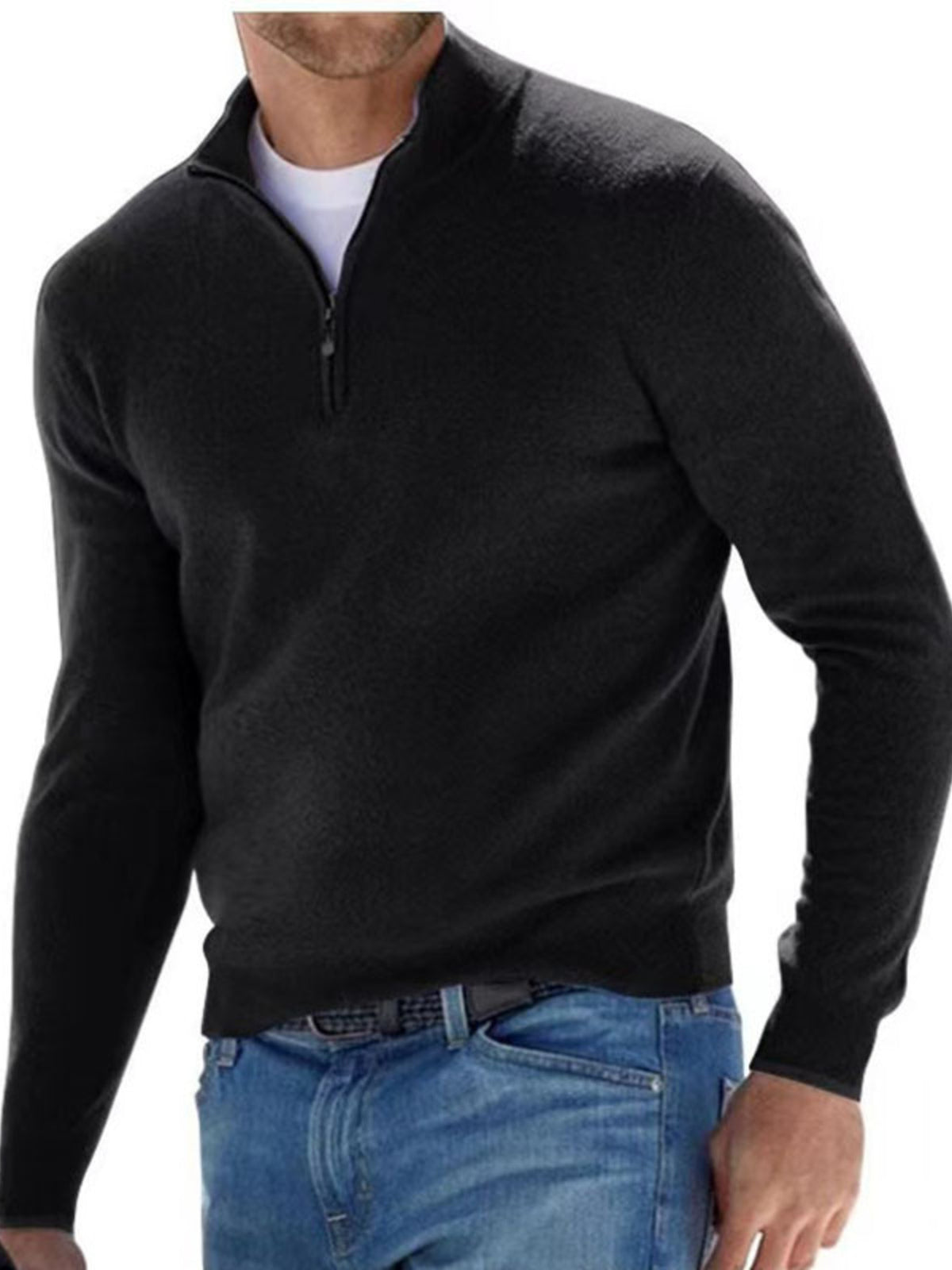 Men's Full Size Quarter-Zip Long Sleeve Sweater Plus Size - Black