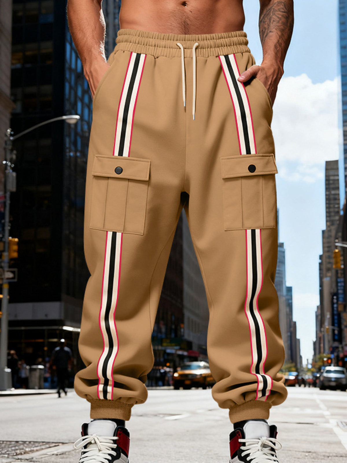 Men's Full Size Casual Striped Cargo Joggers Plus Size - Khaki