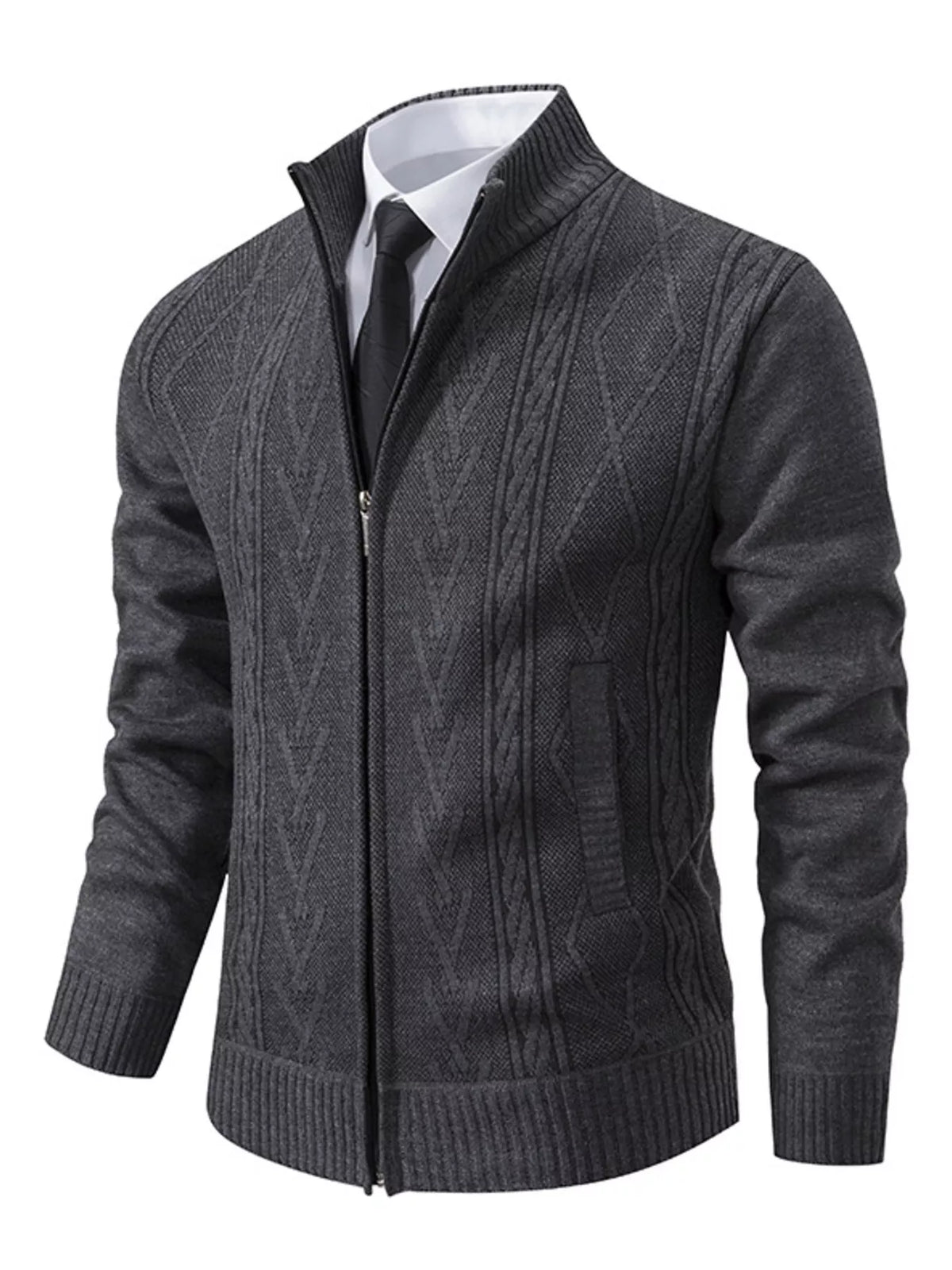 Men's Plus Size Stand-Collar Full-Zip Cable Knit Cardigan - Dark Gray