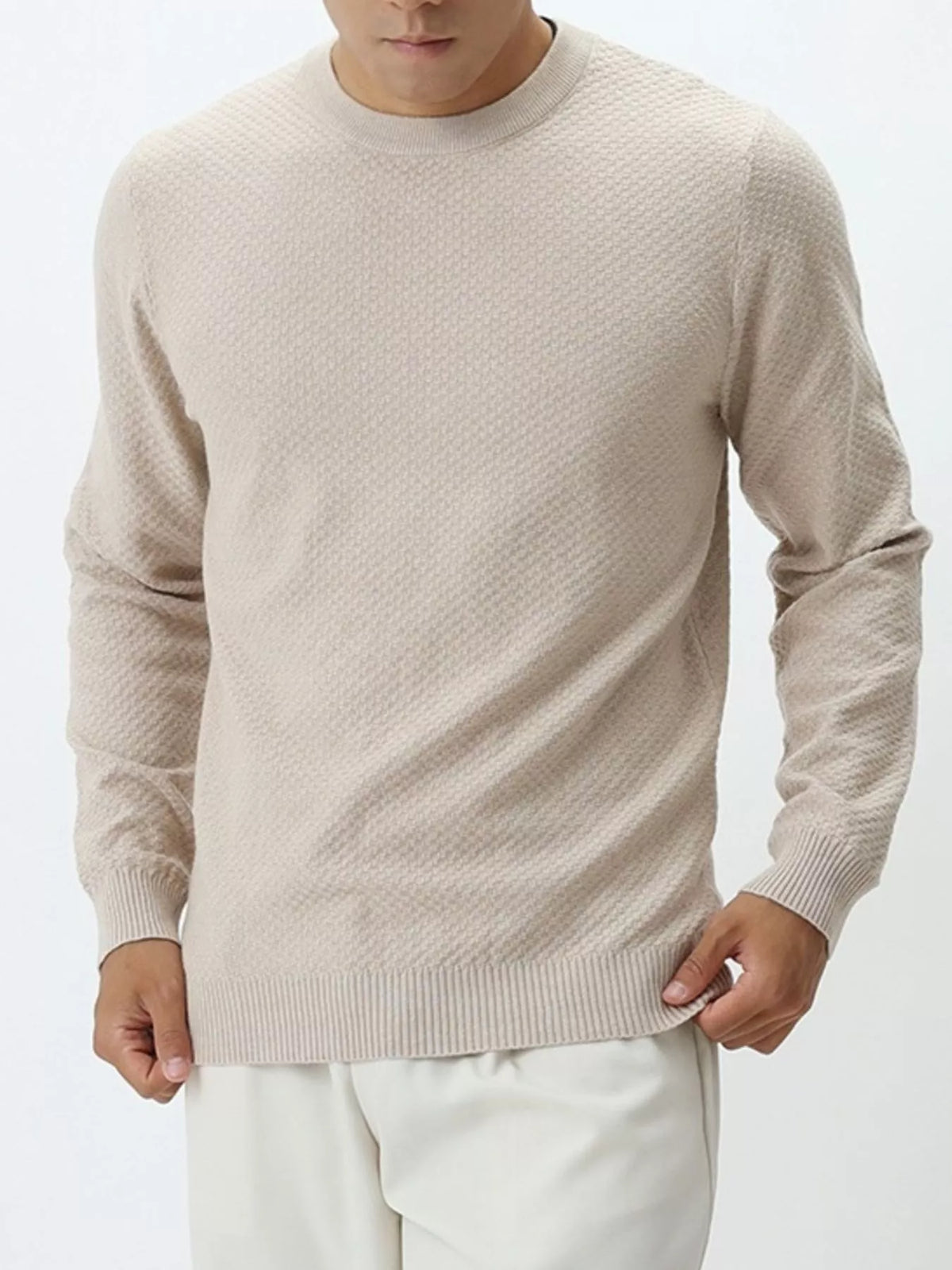 Men's Plus Size Textured Crew Neck Sweater - Apricot