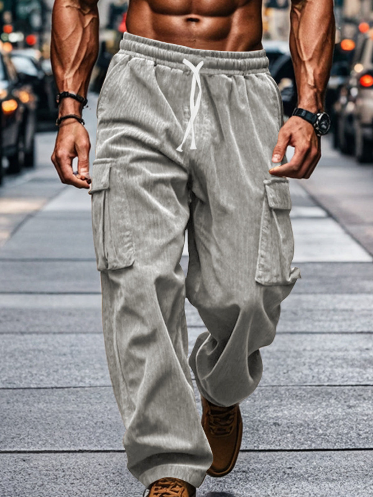 Men's Full Size Corduroy Cargo Pants Plus Size - Light Gray