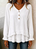 V-Neck Long Sleeve Button Detail Ruffled Hem Blouse - White