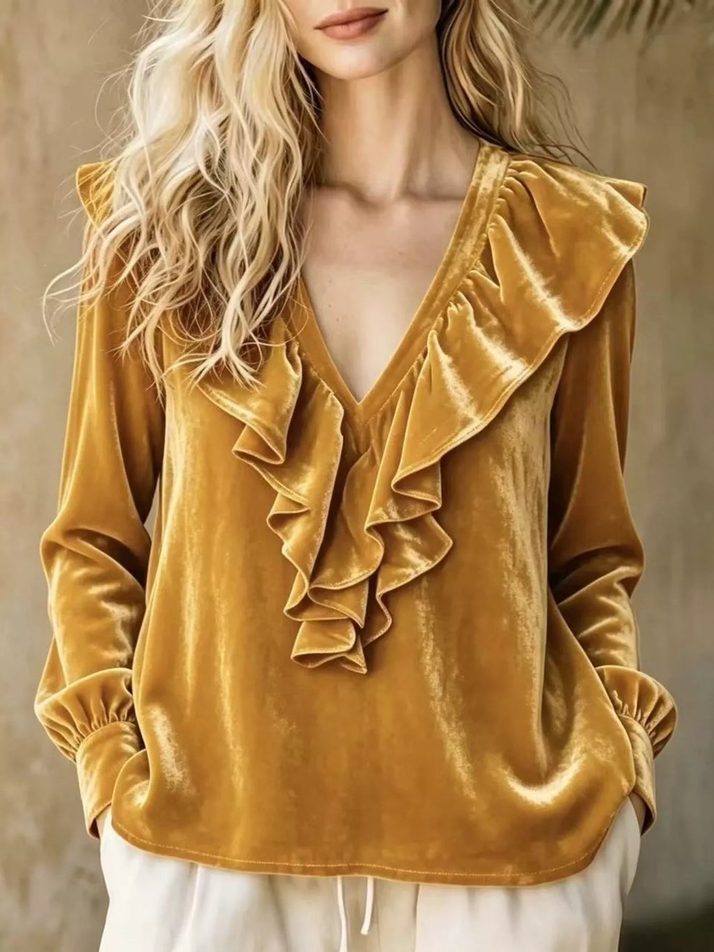 Full Size Velvet Ruffle V-Neck Blouse Plus Size - Camel