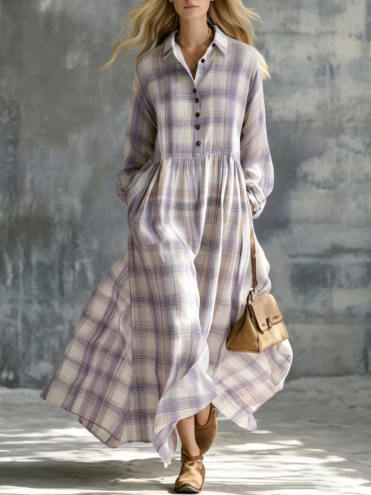 Plaid Button-Down Maxi Shirt Dress - Purple