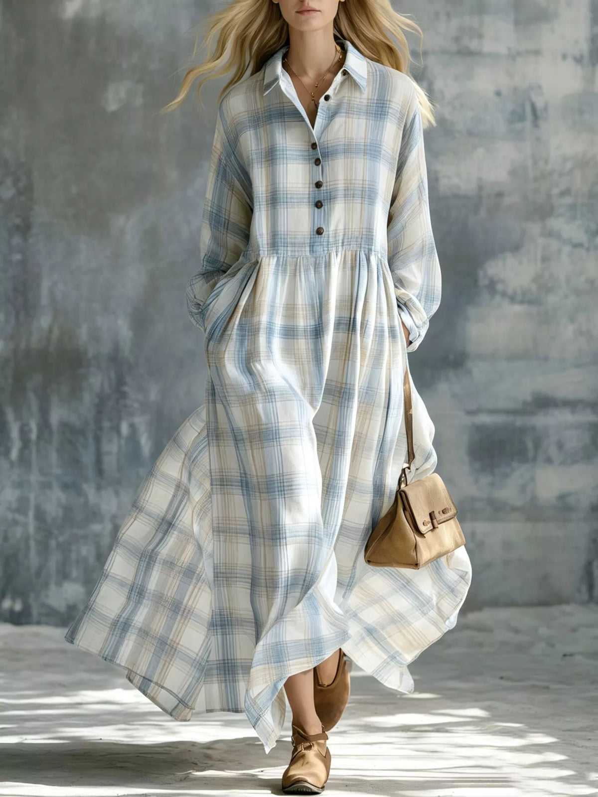 Plaid Button-Down Maxi Shirt Dress - Blue