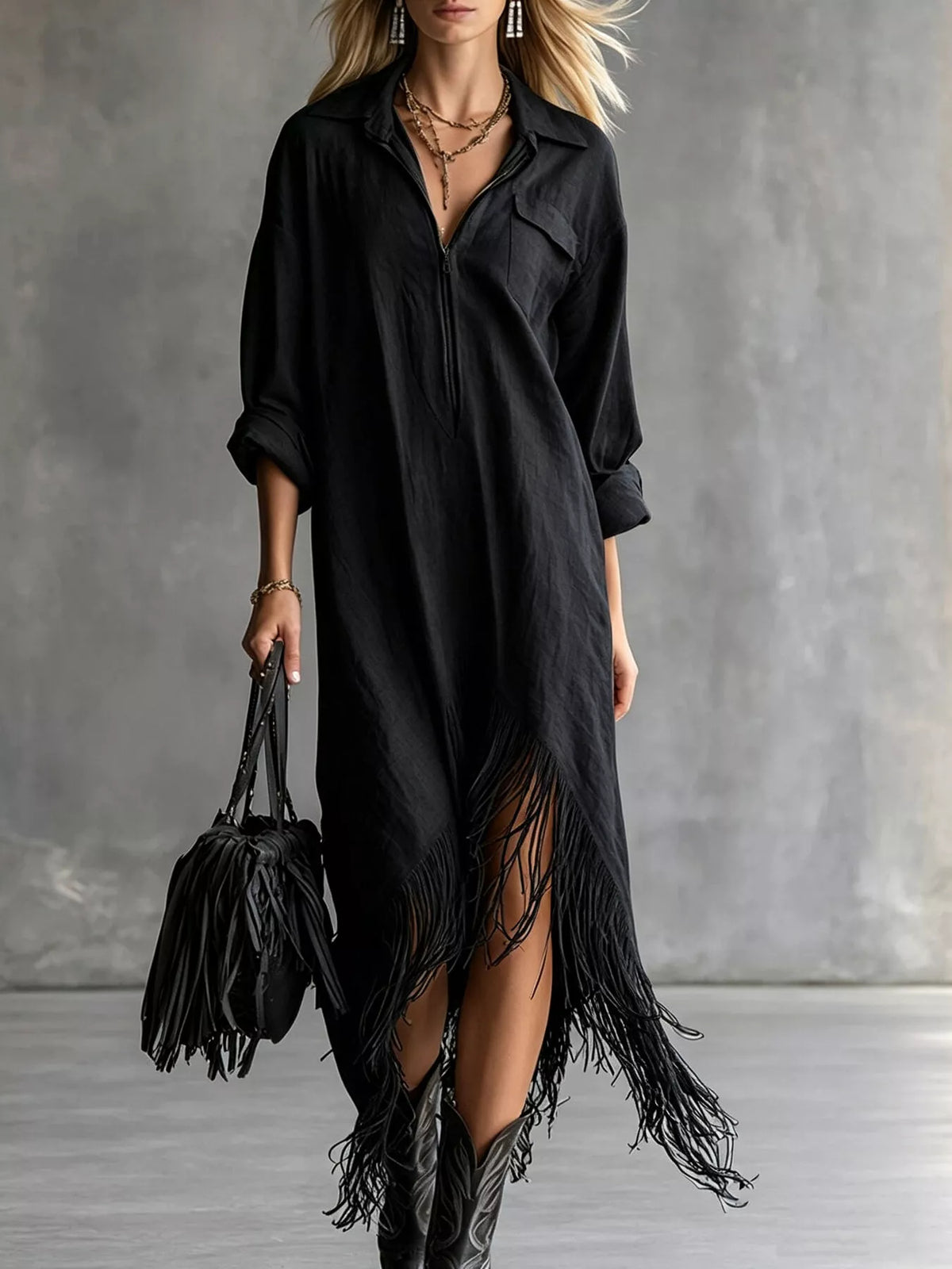 Fringe Hem Zip-Up Shirt Dress - Black