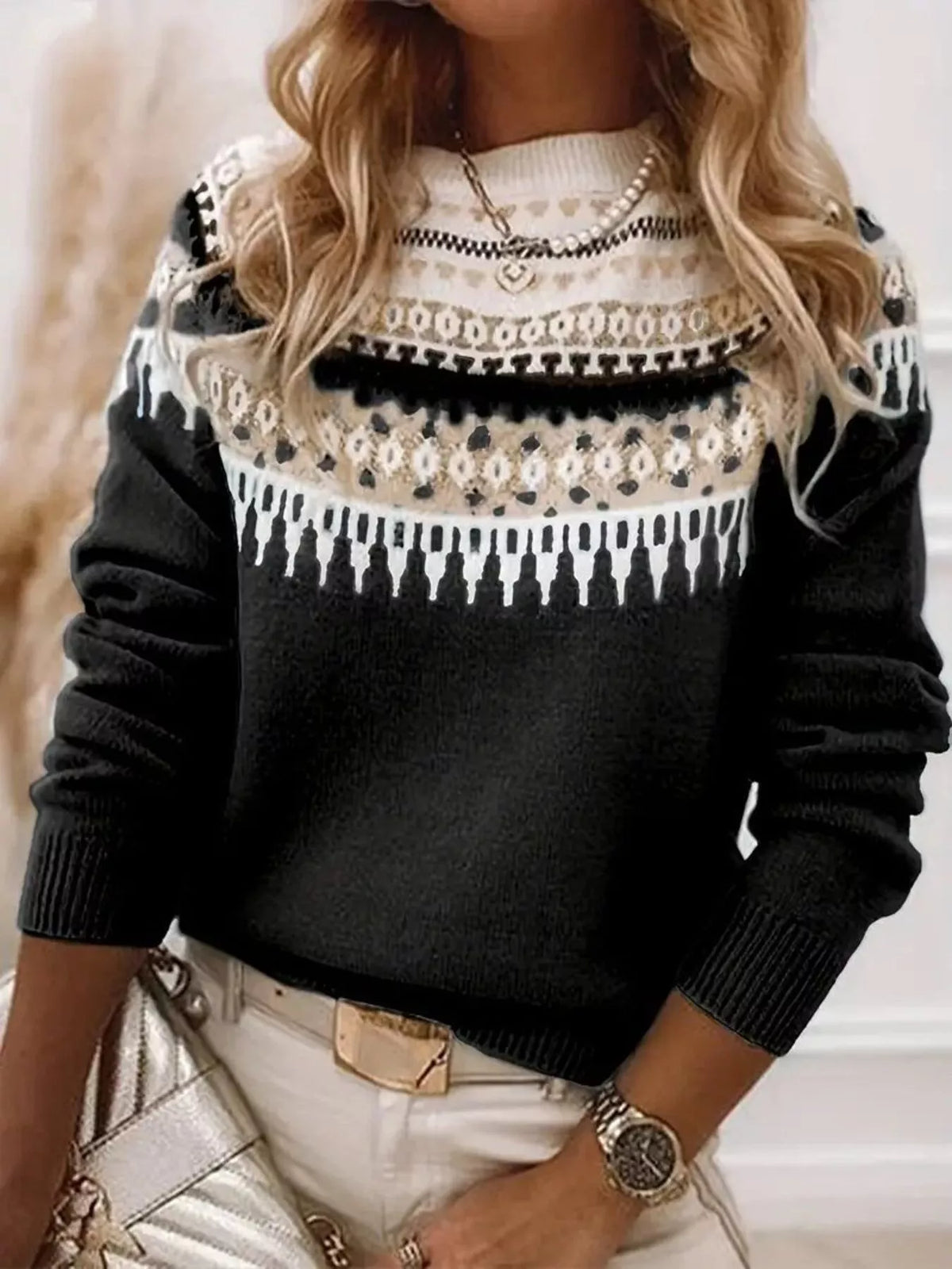 Full Size Vintage Patterned Round Neck Sweater Plus Size - Black